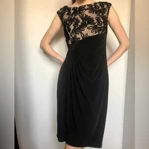Connected Apparel Black Asymmetrical Dress with Floral Detail